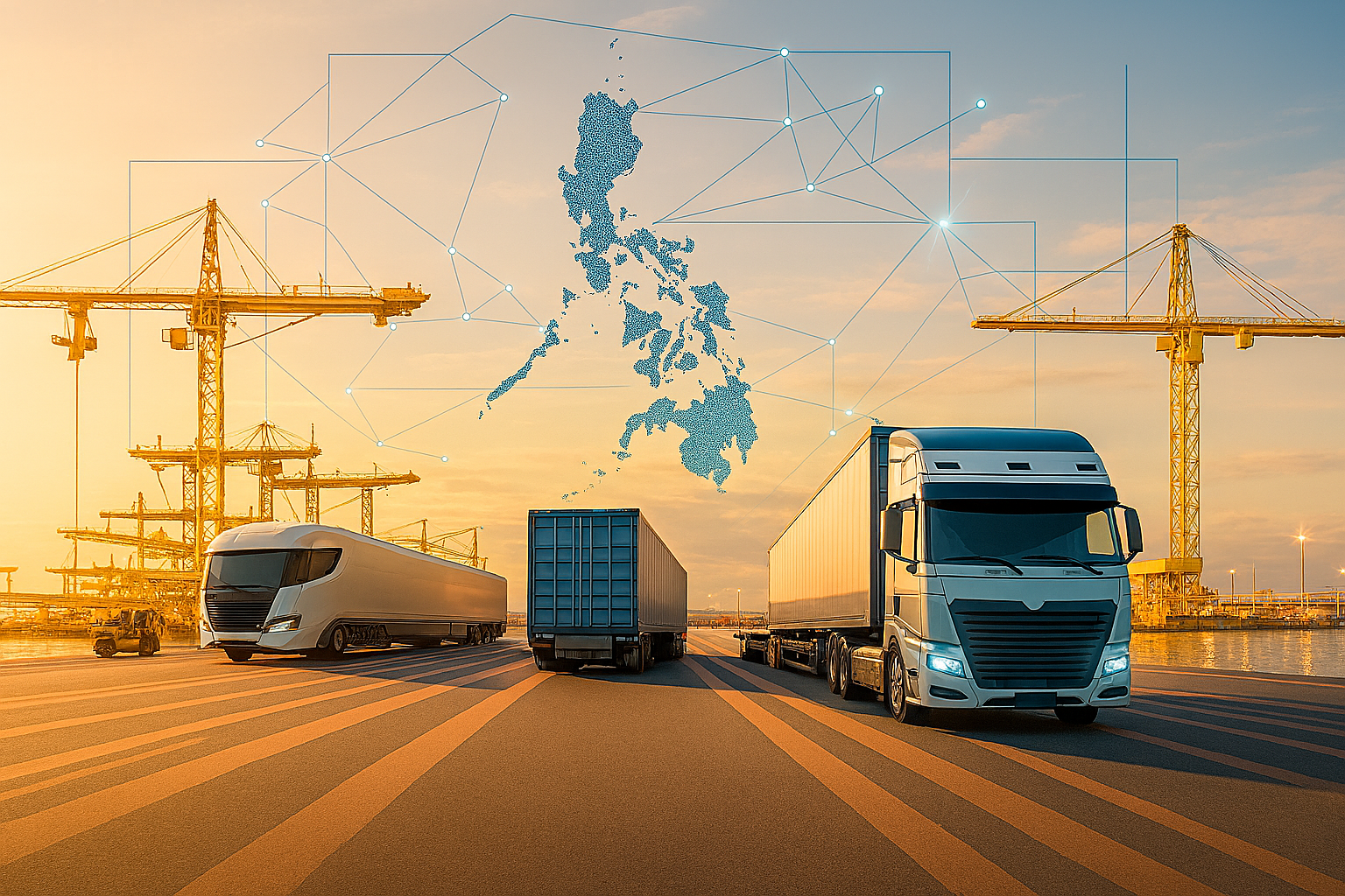 Logistics trucks moving in and out of the warehouse around the Philippines